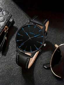 4pcs Men's Gift Set, Minimalist Scale Leather Quartz Watch, Arrow Pendant Necklace, Bracelet, Ring Set, With Round Dial And Synthetic PU Leather Strap, Suitable For Business Occasions, Birthday Gift - Black - View 3