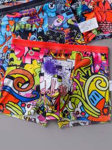 4pcs/Pack Tween Boy Mid-Waist Graffiti Print Boxer Briefs, & Cool - Multicolor - View 3