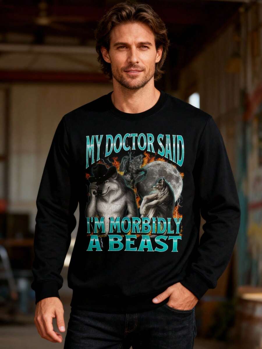 Sudadera de cuello redondo con de hombre lobo. "El doctor dijo que estaba enfermo como una bestia". Sudadera con estampado de comedia de terror para hombre, perfecta para Halloween, para amantes de los hombres lobo y el humor negro. Tops para hombre, ropa informal de estilo urbano a la moda, jersey de manga larga de otoño e invierno de talla estándar para hombre. - Negro - Ver 1