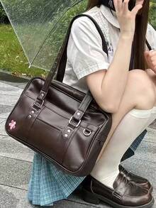 韩版新款枕头手提包复古单肩包上班通勤大容量托特包不含吊坠，吊坠仅作造型用 - 摩卡棕 - 查看 3