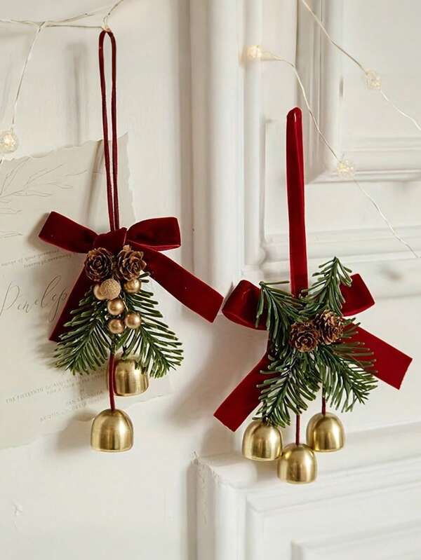 Ornement d'arbre de Noël en velours avec grelots - Décoration de fête, sans alimentation électrique, design de pomme de pin en métal et acrylique, parfait pour la décoration de la maison et des fêtes