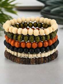 Natural Wood Beaded Bracelets (6PCS/Set) - Men's Handmade Minimalist Jewelry, Suitable For Daily Wear, Family Gifts & Boyfriend Birthday Presents - Multicolor - View 4