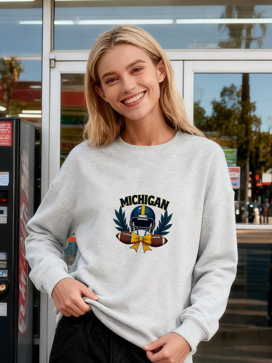 Michigan Football Hoodless Sweatshirt, Michigan, College Game Day Hoodless Sweatshirt, Michigan Bow Hoodless Sweatshirt, Michigan Coquette, Michigan College Hoodless Sweatshirt - 灰色 - 查看 1