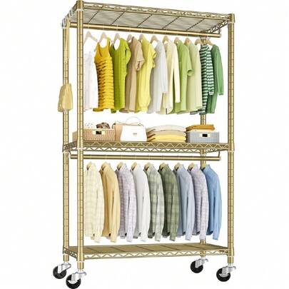P3 Rolling Clothes Rack, Clothing Racks For Hanging Clothes, Heavy Duty Garment Rack With Wheels, Freestanding Portable Closet Organizer 39.4'' W X 14'' D X 78.5'' H, Max Load 464 LBS, Gold,23691114