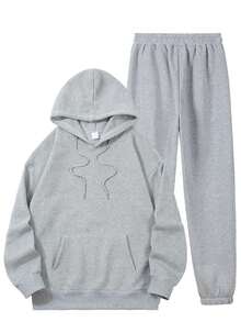 Conjunto de 2 sudaderas y pantalones casuales de talla grande para mujer, sudadera con capucha y pantalones deportivos rosas con estampado de raíz de loto, cómodo. - Gris - Ver 1