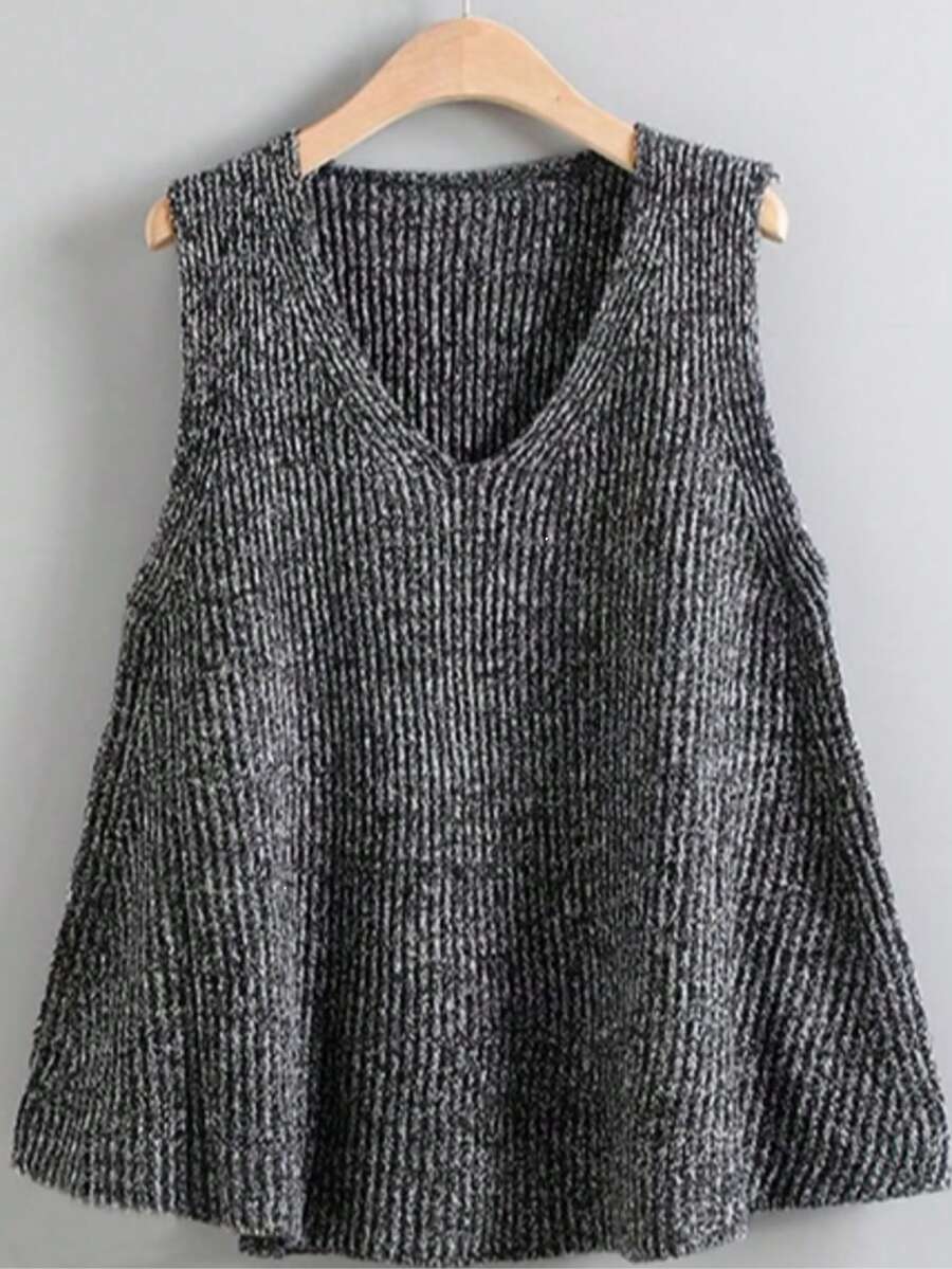 大码纯色 V 领休闲百搭毛衣背心 - 灰色 - 查看 1