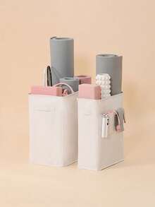 大容量布艺健身器材收纳盒：瑜伽垫收纳袋，带口袋，可折叠健身装备收纳袋，适用于阻力带、水瓶、网球拍和瑜伽砖 - 耐用可折叠运动收纳盒，是家庭健身房/卧室/衣柜的理想之选，中性时尚帆布材质，易于清洁。 - 白色 - 查看 8