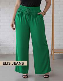 Duna Women's Plus Size High Waist Wide Leg Pants With Thick Elastic And Zero Transparency - màu xanh lá - Xem 1