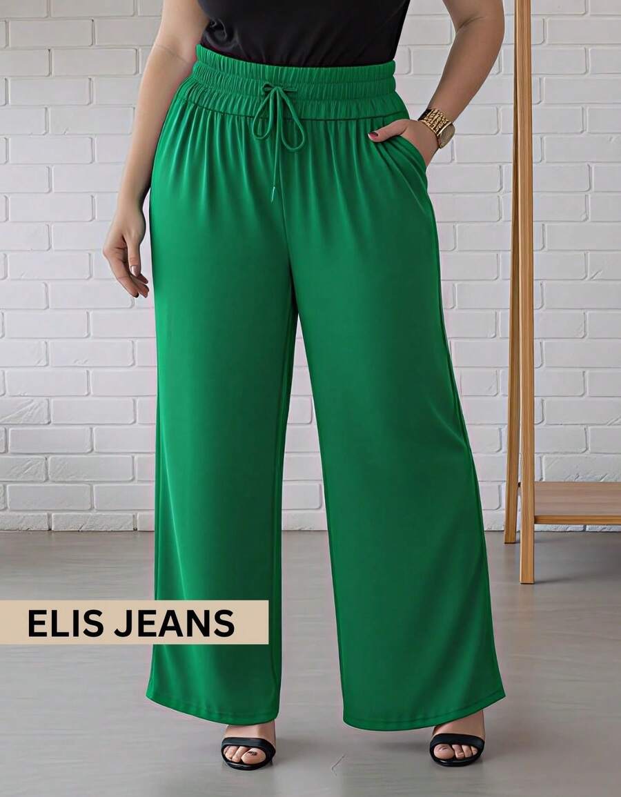 Duna Women's Plus Size High Waist Wide Leg Pants With Thick Elastic And Zero Transparency - màu xanh lá - Xem 1