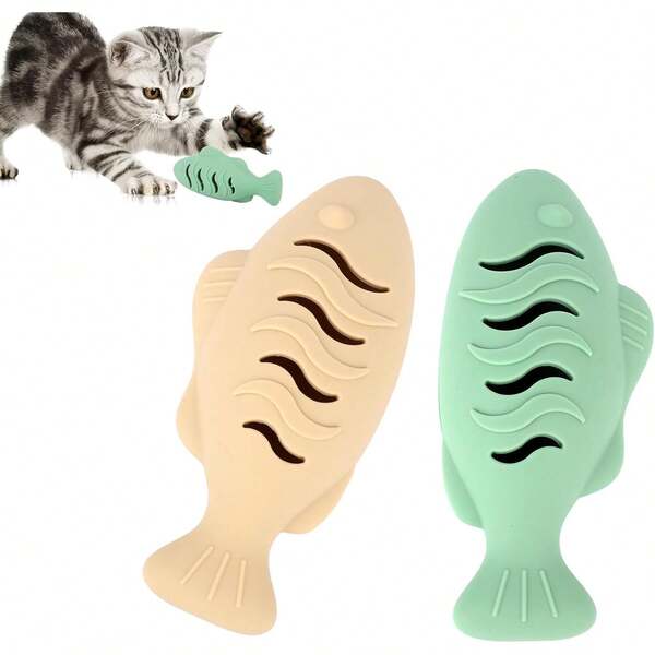 2pcs Silicone Cat Toys, Fish Shape Interactive Teething Toys Pet Food Dispenser Pet Kitten Supplies For Indoor Cats Training (Beige, Green)