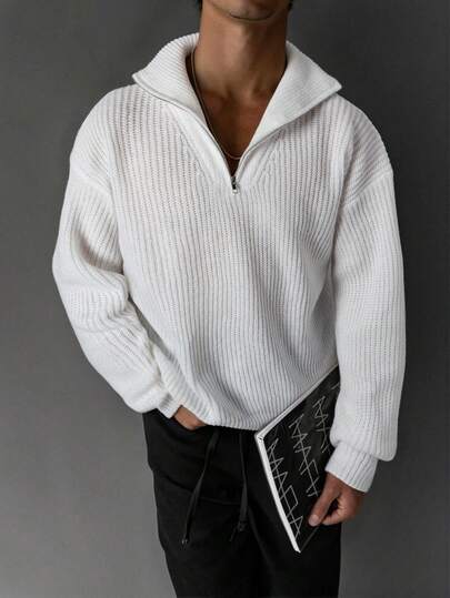 Men's Casual Loose Zipper Collar Ribbed Texture Pullover Sweater, Simple & Versatile, Oversized Fit, Long Sleeve Knit Top, Suitable For Autumn & Winter