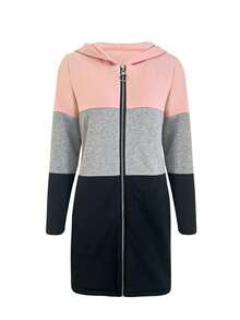 Women's Contrast Color Patchwork Zipper Hooded Casual Mid-Length Jacket, Suitable For Daily Wear, Autumn/Winter - Pink - View 5