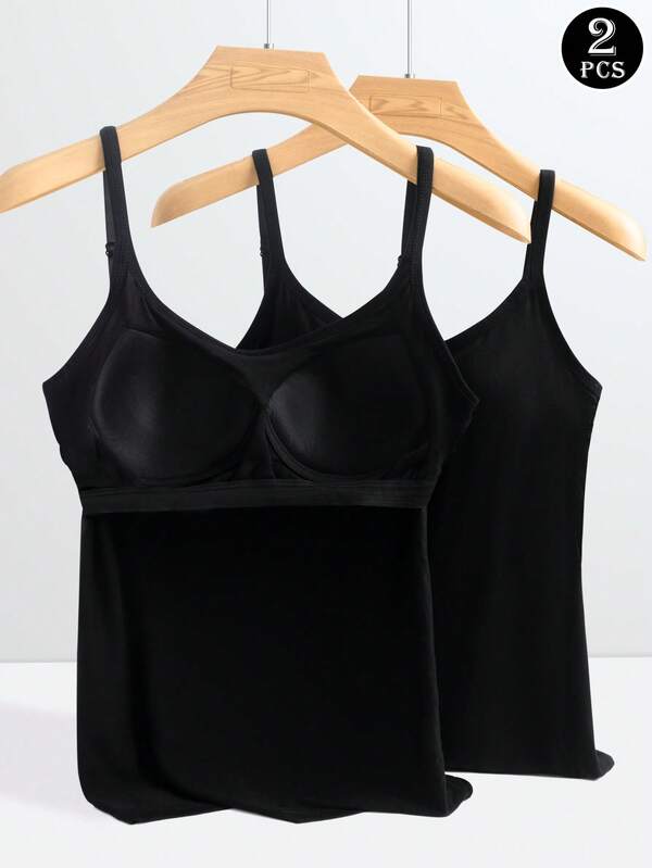 2PCS Solid Color Adjustable Strap Built-In Bra Camisole Tops For Women