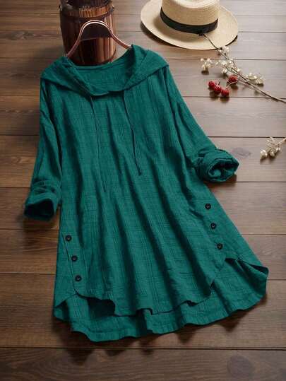 Plus Plaid Print Button Decor Drawstring Hooded High Low Hem Top