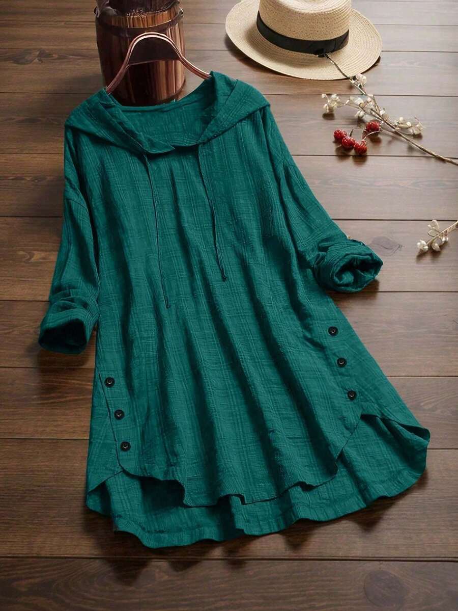 加大码格子印花纽扣装饰抽绳连帽高低摆上衣 春季 - 綠色 - 查看 1