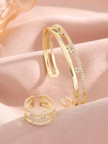 rakol 2pcs Shiny Minimalist Gold-Color Circular Bangle & Ring Set, Suitable For Daily Wear, Women Gifts - Style 3 - View 6