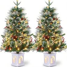Set de 2 Árboles de Navidad Artificiales de 90 cm para Escritorio, 78 Luces LED Cálidas con 8 Modos, Más de 160 Ramas y Base con Caja de Luz de Muñeco de Nieve, Decoración Navideña Verde - Verde - Ver 9