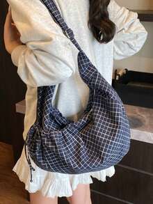 日式格子单肩包，时尚褶皱蝴蝶结拉链斜挎包，学生/大学生轻便可折叠布包，适合购物、日常通勤，新月包 - 彩色 - 查看 15