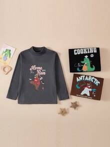 3pcs/Set Young Boys Cartoon Baseball Bear Fishing Bear Crocodile And Letter Print, Casual Comfortable Soft Fleece Tops, Long Sleeve Tops Turtleneck, Thermal Fall Outfits Underwear Suit For Autumn/Winter