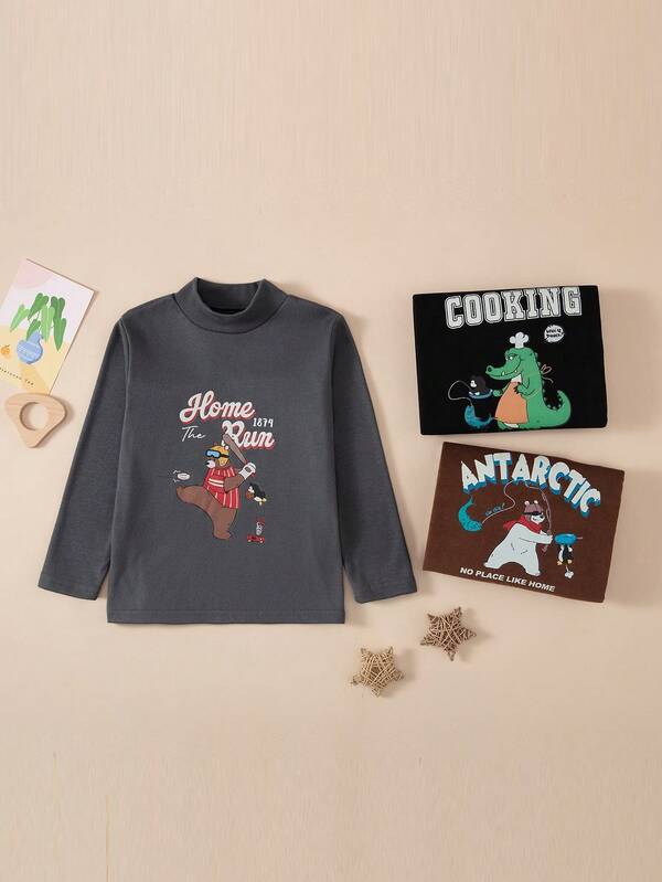 3pcs/Set Young Boys Cartoon Baseball Bear Fishing Bear Crocodile And Letter Print, Casual Comfortable Soft Fleece Tops, Long Sleeve Tops Turtleneck, Thermal Fall Outfits Underwear Suit For Autumn/Winter