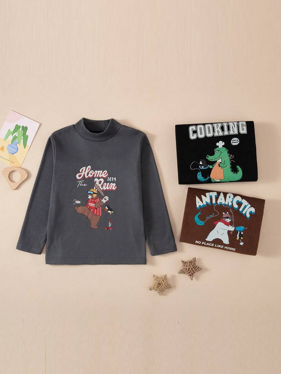 3pcs/Set Young Boys Cartoon Baseball Bear Fishing Bear Crocodile And Letter Print, Casual Comfortable Soft Fleece Tops, Long Sleeve Tops Turtleneck, Thermal Fall Outfits Underwear Suit For Autumn/Winter