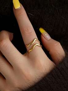 Anillo abierto de doble capa elegante para mujeres - Pieza de declaración ajustable y elegante, perfecta para uso diario, vacaciones o regalo del Día de San Valentín, acero inoxidable con diseño asimétrico único