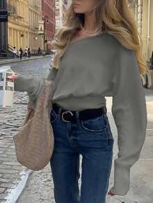 女士休闲优雅纯色露肩蝙蝠袖套头针织卫衣，露肩短款上衣，可爱卫衣，适合春、夏、秋季及开学季穿着 - 灰色 - 查看 8