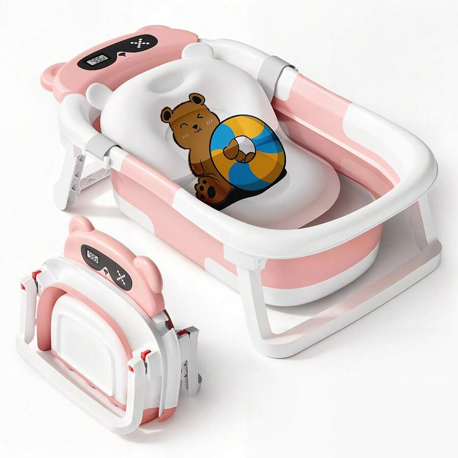 LOVEWE Foldable Baby Bath Tub (Newborn To Toddler), Durable Essential With Soft Pad, Portable Travel Style & Removable Non-Slip Hooks - Pink - View 1