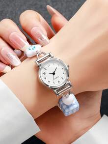 1pc Women's Gift Watch With Beaded Drawstring Band, Fashion Minimalist Dial, Elegant Quartz Wristwatch (1pc/Set), Watch Box Not Included - Silver - View 2