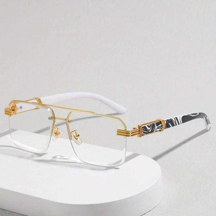 1 Pair Of ENSARJOE Men's Half-Frame Glasses - Gold Frame With Transparent Lenses, Suitable For Daily And Formal Wear - Modern Simple Luxury Fashion Accessories - trong suốt - Xem 1