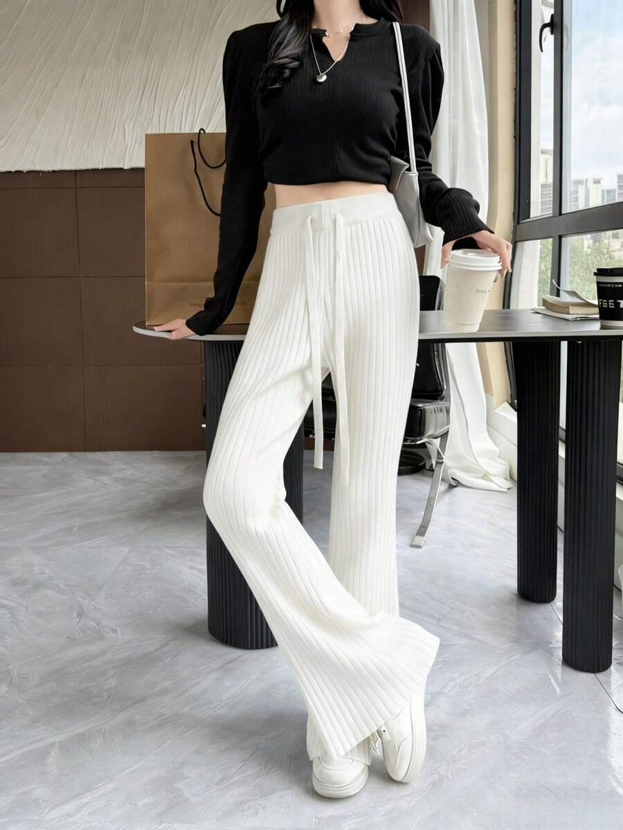 2025 女士羊毛混纺抽绳腰喇叭裤，灰色，秋冬 - 白色 - 查看 1