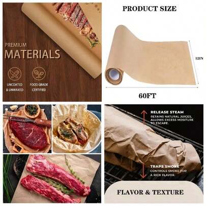 Rollo de papel de carnicero marrn para ahumar carne, sin encerar, 12x 60 pies, papel de envoltura de melocotn para ahumar carne, pechuga, cangrejo de ro o camino de mesa