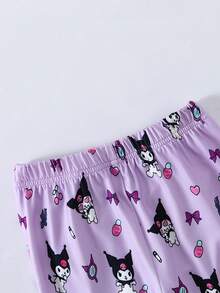 2pcs SANRIO Kuromi Print Girls Outfit, Includes Long Sleeve T-Shirt And Pants, Comfortable Fabric, Suitable For Casual, Home, Holiday, Halloween, Christmas Gifts