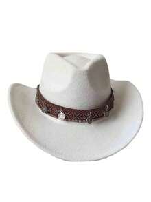 1pc Unisex New Faux Leather Cowboy Hat With Star Beaded Decor, High-Quality Suede Material Wide Brim Hat, Fashion Minimalist European & American Style Western Cowboy Hat, Suitable For Daily Wear, Western Themed Events, Birthday Parties, Music Festivals, Horseback Riding And More Occasions