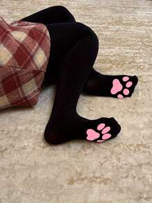 1/2 Par de Meias Soquete Sobre o Joelho com Estampa de Pata de Gato Rosa 2D, Disponível em Preto e Branco, Meias Estilo Japonês Fofo JK, Meias Altas Lolita, Adequadas para Looks Diários Adoráveis, Festas Casuais, Estilo Suave e Doce, Looks de Festa, Presentes Diários, Presentes de Aniversário
