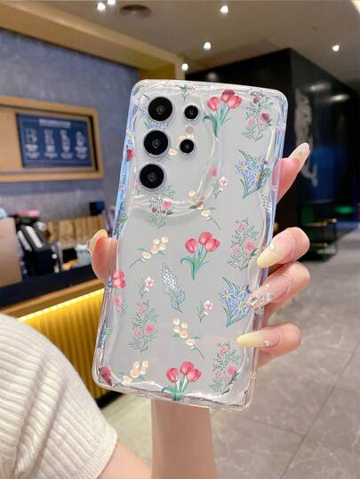 1 pieza Funda protectora de teléfono transparente con patrón floral, con lente perforada y efecto de onda gruesa anti-caída, compatible con Apple/Redmi/Infinix/OPPO/VIVO/Realme