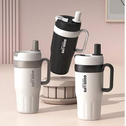 Szczelny, izolowany kubek podróżny ze stali nierdzewnej 304 ze składaną pokrywką i uchwytem do picia ze słomką, do napojów ciepłych i zimnych, powrót do szkoły