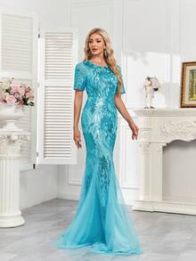 CEILIM Vestido de festa elegante e romântico com lantejoulas, mangas curtas, decote redondo, barra sereia e detalhes em tule. Um vestido de noite nobre e luxuoso. - Baby Azul - Ver 4