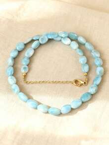 1PC Naturalny naszyjnik z koralikami z larimaru | Biżuteria z wałkiem z larimaru, Naszyjnik na szyję z larimaru, Kamień oceaniczny, Kamień spokoju, Łagodzi niepokój, Najlepszy wybór prezentów dla kobiet - Niebieski - Zobacz 2