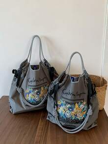 Women's Shoulder Tote Bag, Bohemian Style Floral Embroidery Pattern, Large Capacity, Lightweight, Foldable, Suitable For Commuting, Travel, Shopping, Dating, Christmas Gift, Tote Handbag, Work Bag, Women Purse