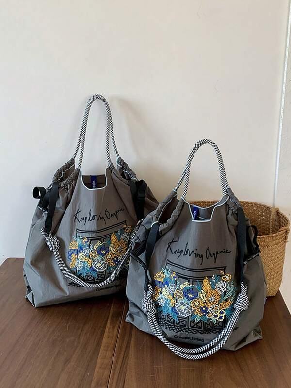 Women's Shoulder Tote Bag, Bohemian Style Floral Embroidery Pattern, Large Capacity, Lightweight, Foldable, Suitable For Commuting, Travel, Shopping, Dating, Christmas Gift, Tote Handbag, Work Bag, Women Purse