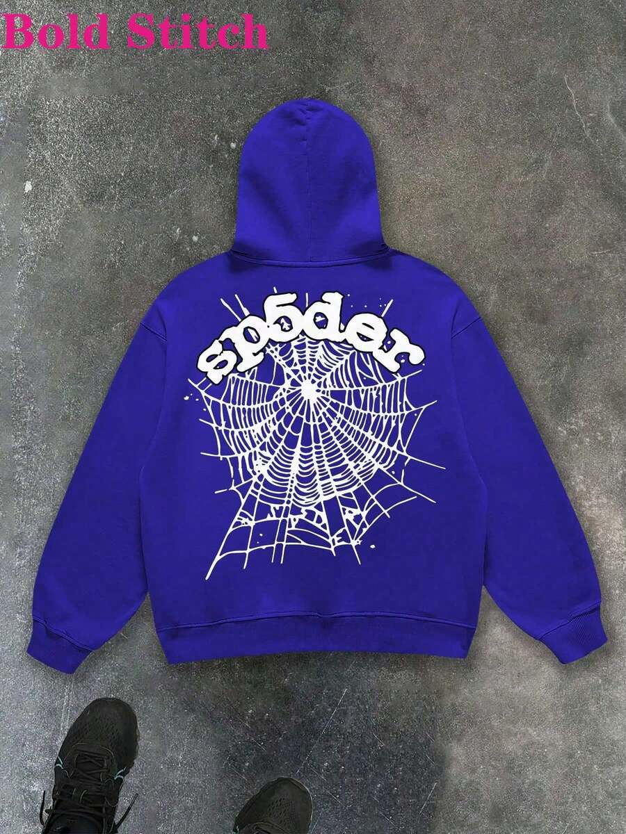 Spider Web Hoodie - Sp5der EditionFashion Men's Casual Long-Sleeved Hooded Pullover Sweatshirt ,250g Polyester Fiber,Fall Clothes Men,Hoodie For Men,Oversized Hoodie,Sudaderas Para Hombre,Graphic Hoodie - Blue - View 1