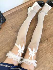 Women's Lace Garter Belt, Black White Sheer Stockings, Fishnet Lace Suspender Socks, Punk Garter Belt, Sexy Suspender Waist Belt, Thigh Garter, Thin Breathable Thigh High Stockings, Women Fashion Accessories, Suitable For Roleplay, Party, Nightclub And Cocktail - 彩色 - 查看 5