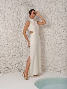 Women's Long Tailored Dress, High Neck, Side Slit, Side Opening Detail, Comfortable, With Pockets, Elegant - trắng - Xem 1