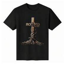 Men's Rooted In Christ Graphic T-Shirt, Distred Christian Cross With Tree Roots Print, Soft  Cotton Casual Tee, Perfect For Sunday  Or Everyday Wear, Gift For Christian Men Who Love Faith & Style - 黑色 - 查看 6