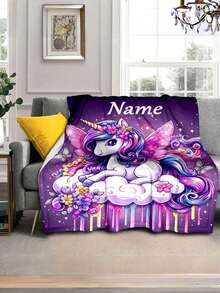 1pc Personalized Unicorn Flannel Blanket - Soft, Warm & Cozy With Custom Name Option - Ideal Christmas Or Halloween Gift - Machine Washable Polyester Knitted Fabric - Contemporary Style, Multi-Purpose For Couch, Bed, Travel, Camping, Office - Multicolor - View 8