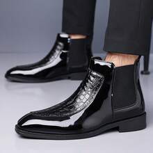 Men's Fashionable Business Chelsea Boots With Pressed Crocodile Texture Design, Elastic Band Ankle Dress Boots, Business Party Pointed Low Heel Fashion Footwear - 黑色 - 查看 3
