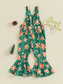 Toddler Baby Girl Christmas Outfit Gingerbread Man Suspender Romper Jumpsuit Overalls Bell Bottom Pants Fall Clothes