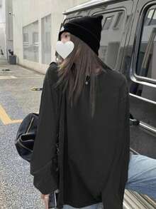 小码女士休闲圆领纯色百搭简约宽松长袖T恤上衣黑色春季款 - 黑色 - 查看 6