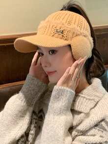 1pc Women's Solid Color Knitted Beanie Hat With Letter Design, Thermal Lined, Suitable For Outdoor Activities, Casual Wear